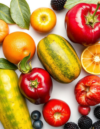 Fruits and vegetables isolated on white background. Flat lay, top viewの写真素材