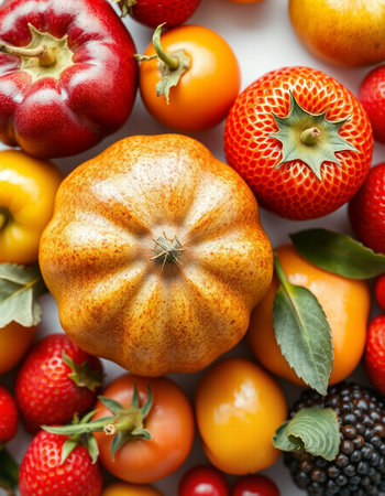 Variety of fresh fruits and vegetables as background, top view.の写真素材