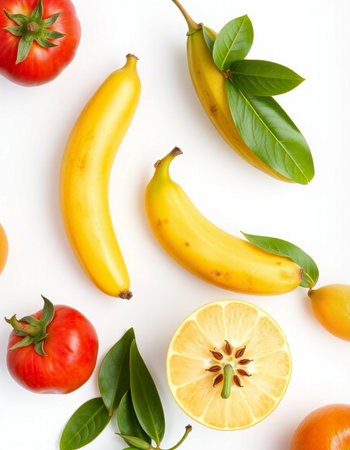 Fruits and vegetables on white background. Flat lay, top viewの写真素材