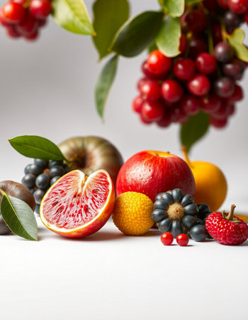 Variety of fresh fruits and berries on white background. Healthy food concept.の写真素材