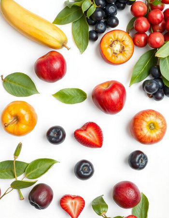 Fruits and berries on white background. Flat lay, top viewの写真素材