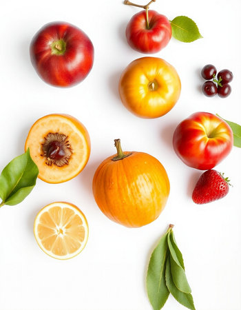 fruit composition on a white background, top view, flat lay.