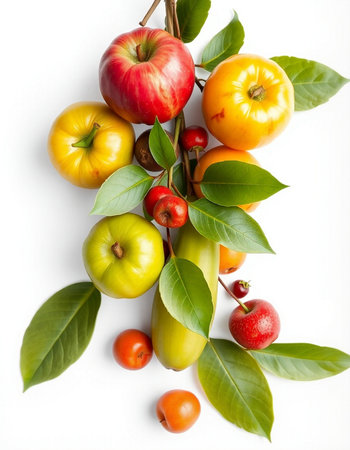 Fruits and vegetables on a white background. Vegetarian food.の写真素材