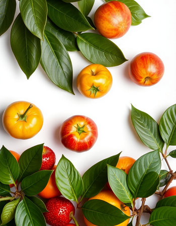 Fresh ripe fruits and leaves on white background. Flat lay, top viewの写真素材
