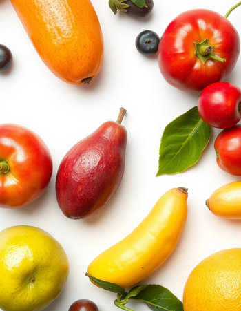 Fruits and vegetables on white background, top view. Flat layの写真素材