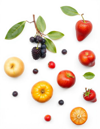 Fruits and berries on a white background. Flat lay, top viewの写真素材