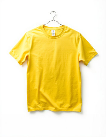 Yellow t-shirt on hanger isolated on the white background.の写真素材