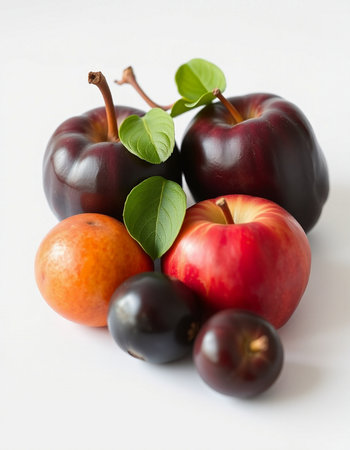 Ripe plums and nectarines on a white background.の写真素材