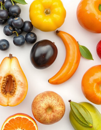 Fruits and vegetables isolated on a white background. Top view.の写真素材