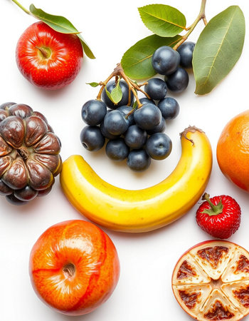 Fresh fruits isolated on white background. Top view. Flat lay.