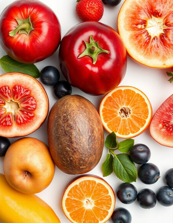 Fruits and vegetables isolated on white background. Flat lay, top view