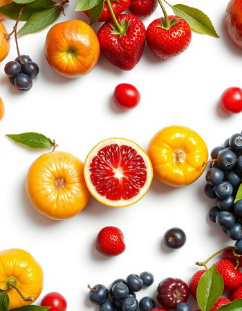Composition with different fruits and berries on white background, top viewの写真素材