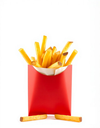 French fries in a red box on a white background. Isolated