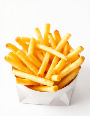 French fries in a white bowl on a white background. Selective focus.