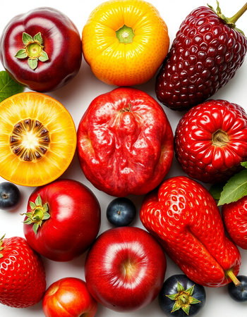 Fruits and berries isolated on white background. Top view. Flat lay pattern.