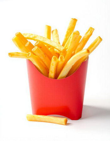 French fries in a red box on white background. Isolated.