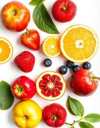 Fruits and berries on white background. Flat lay, top viewの写真素材
