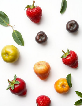 Various fruits on a white background. Flat lay, top view.