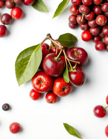 Cherries and berries on white background, top view. Concept of healthy eatingの写真素材