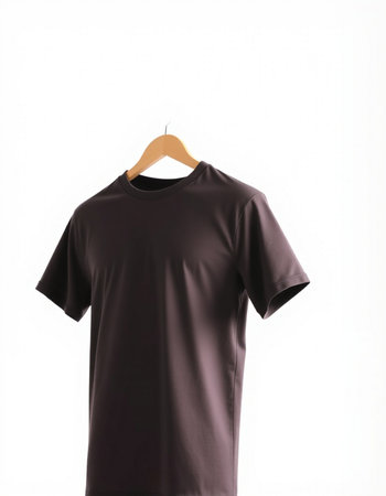 Brown t-shirt on wooden hanger isolated on white background.の写真素材