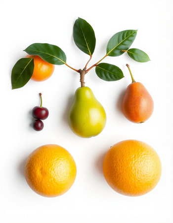 Oranges, pears and cherries on a white background.