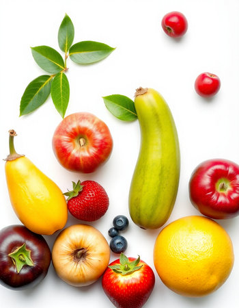 Fruits and vegetables isolated on white background. Healthy food concept.