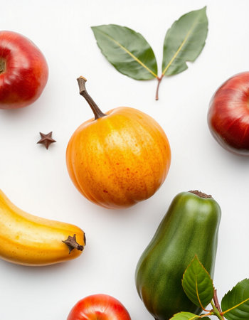 Autumn fruits and vegetables on white background. Flat lay, top viewの写真素材