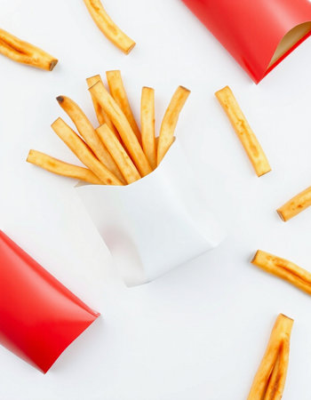 French fries in a paper cup on a white background. Top view.の写真素材