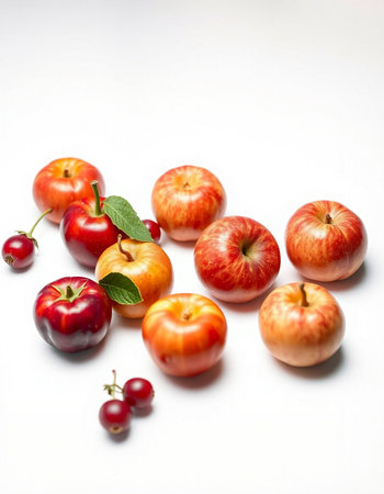 Red apples and cherries on a white background. Healthy food.の写真素材