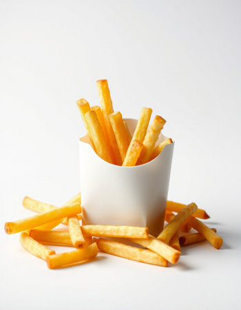 French fries in a paper cup on a white background. Fast food.