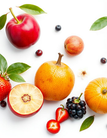 Fruit composition isolated on white background. Healthy food concept. Flat lay, top view.の写真素材
