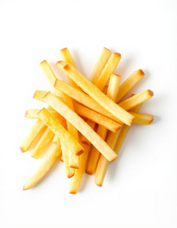 French fries isolated on white background. Top view, flat lay.