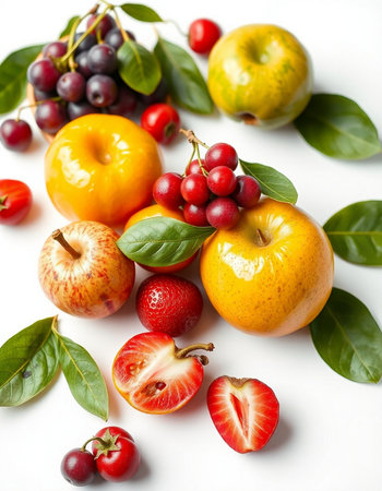 fresh fruits and berries on white background, closeup, top viewの写真素材