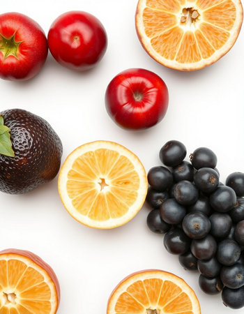Fruits isolated on white background. Top view. Flat lay patternの写真素材
