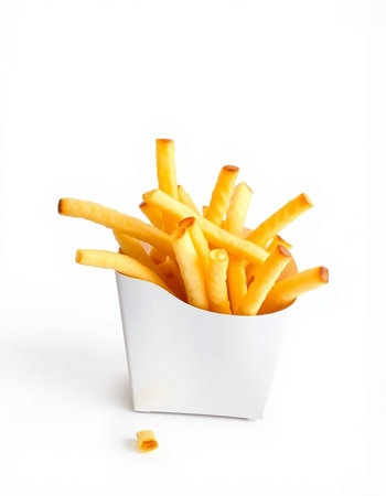 French fries in a paper box on a white background. Isolated
