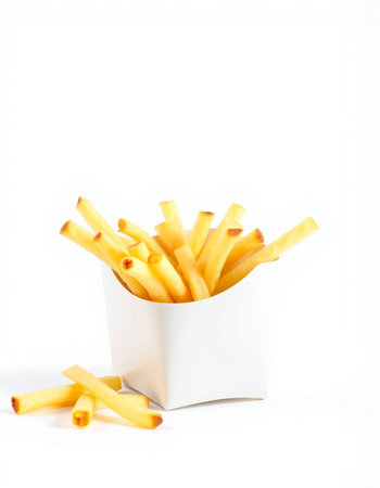 French fries in a white box on a white background. Isolated