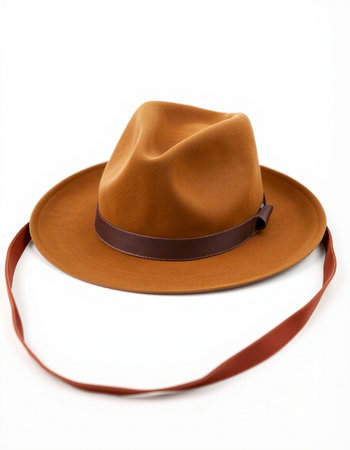 Brown cowboy hat with red ribbon isolated on a white background. Top view.の写真素材