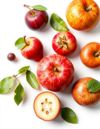 Red apples with leaves isolated on white background. Flat lay, top view