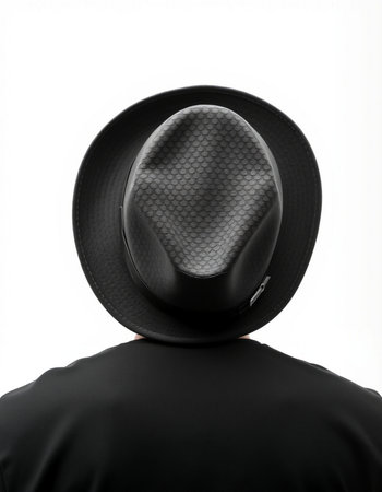Man in a black hat on a white background. Rear view.の写真素材