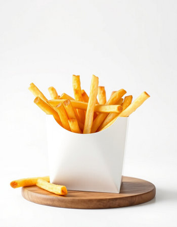 French fries in a white box on a wooden board on a white backgroundの写真素材