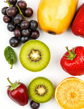 Fresh fruits isolated on white background. Top view. Flat lay patternの写真素材