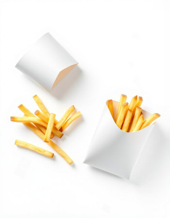 French fries in paper box isolated on white background. Top view.の写真素材
