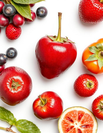 Fruits and berries on white background. Flat lay, top viewの写真素材