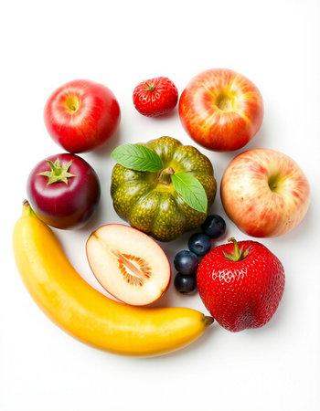 Fresh fruits and vegetables isolated on white background. Healthy food concept.の写真素材