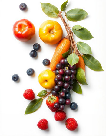 Fruits and vegetables isolated on white background. View from above.