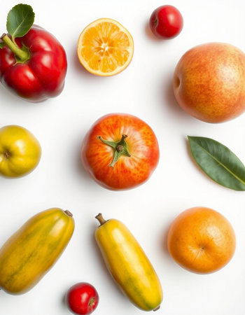 Fruits and vegetables on a white background. Flat lay, top view