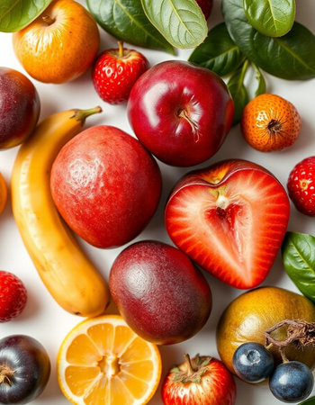 Fruits and vegetables on a white background. Flat lay, top view