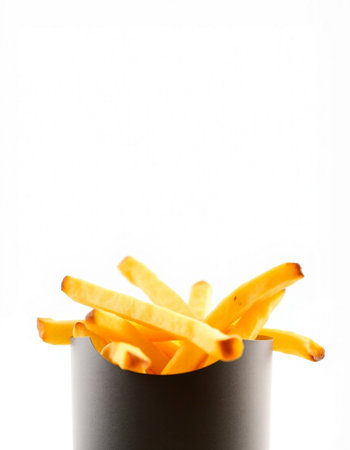French fries in a black box isolated on white background. Copy space.