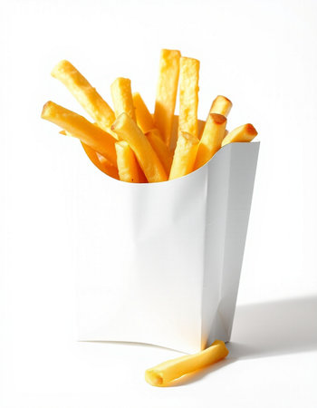 French fries in paper bag isolated on white background. Close up.