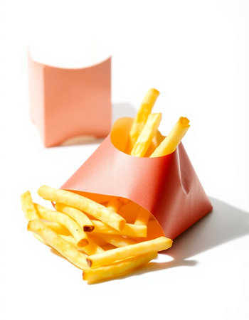 French fries in a paper box on a white background. Fast food.